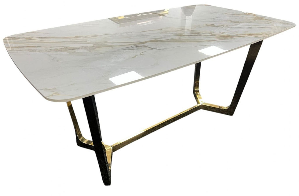 White Ceramic Top 1.8m/1.6m Dining Table with Gold Geometric Metal Base