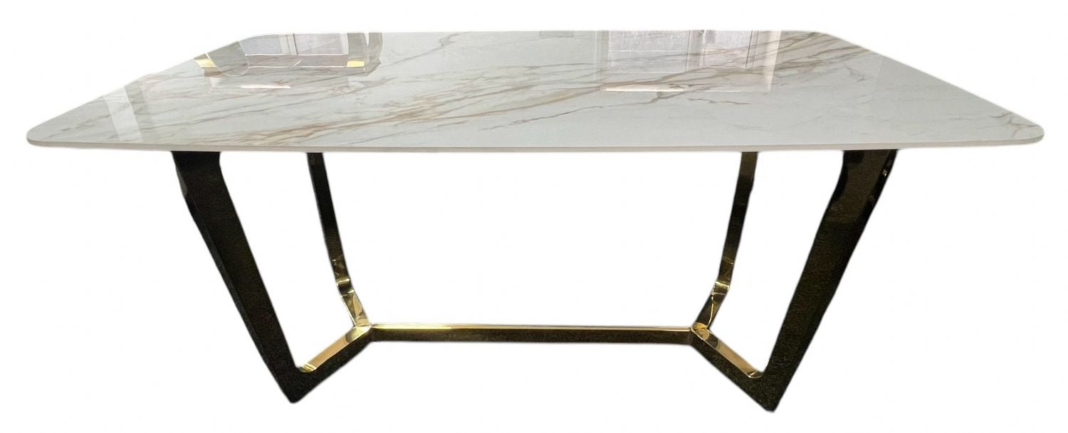 White Ceramic Top 1.8m/1.6m Dining Table with Gold Geometric Metal Base