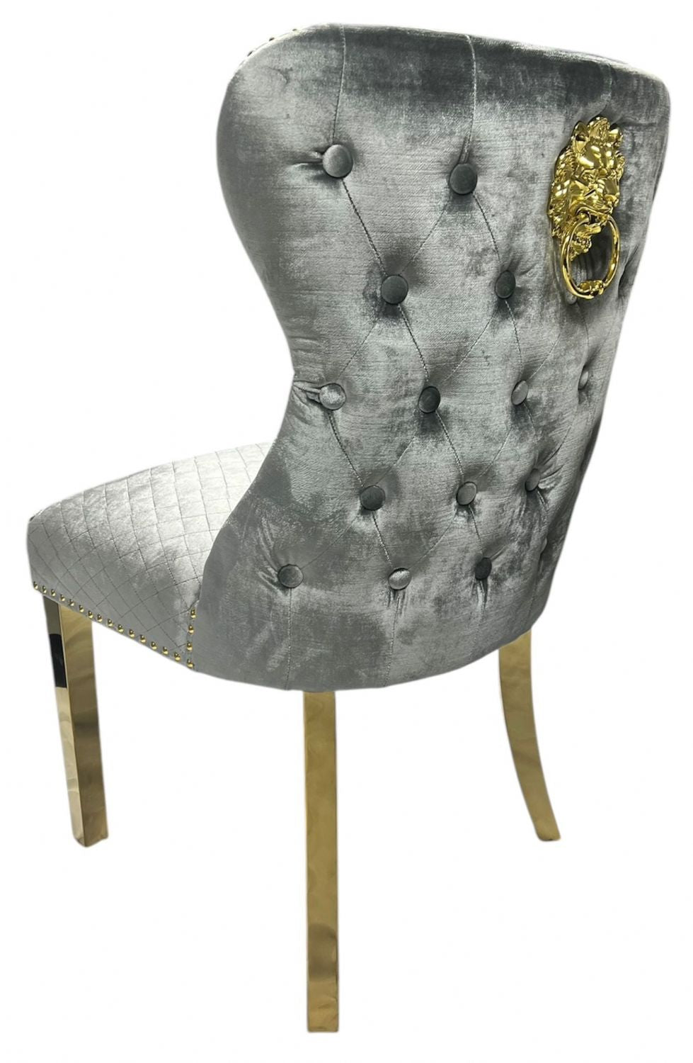 Light Grey Shimmer Velvet Dining Chair with Lion Knocker and Gold Legs