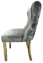 Light Grey Shimmer Velvet Dining Chair with Lion Knocker and Gold Legs