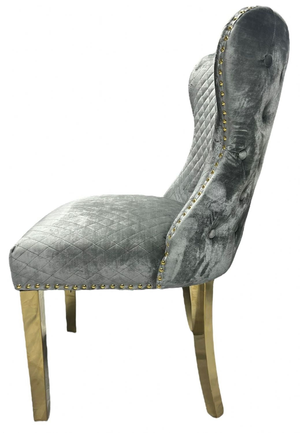 Light Grey Shimmer Velvet Dining Chair with Lion Knocker and Gold Legs