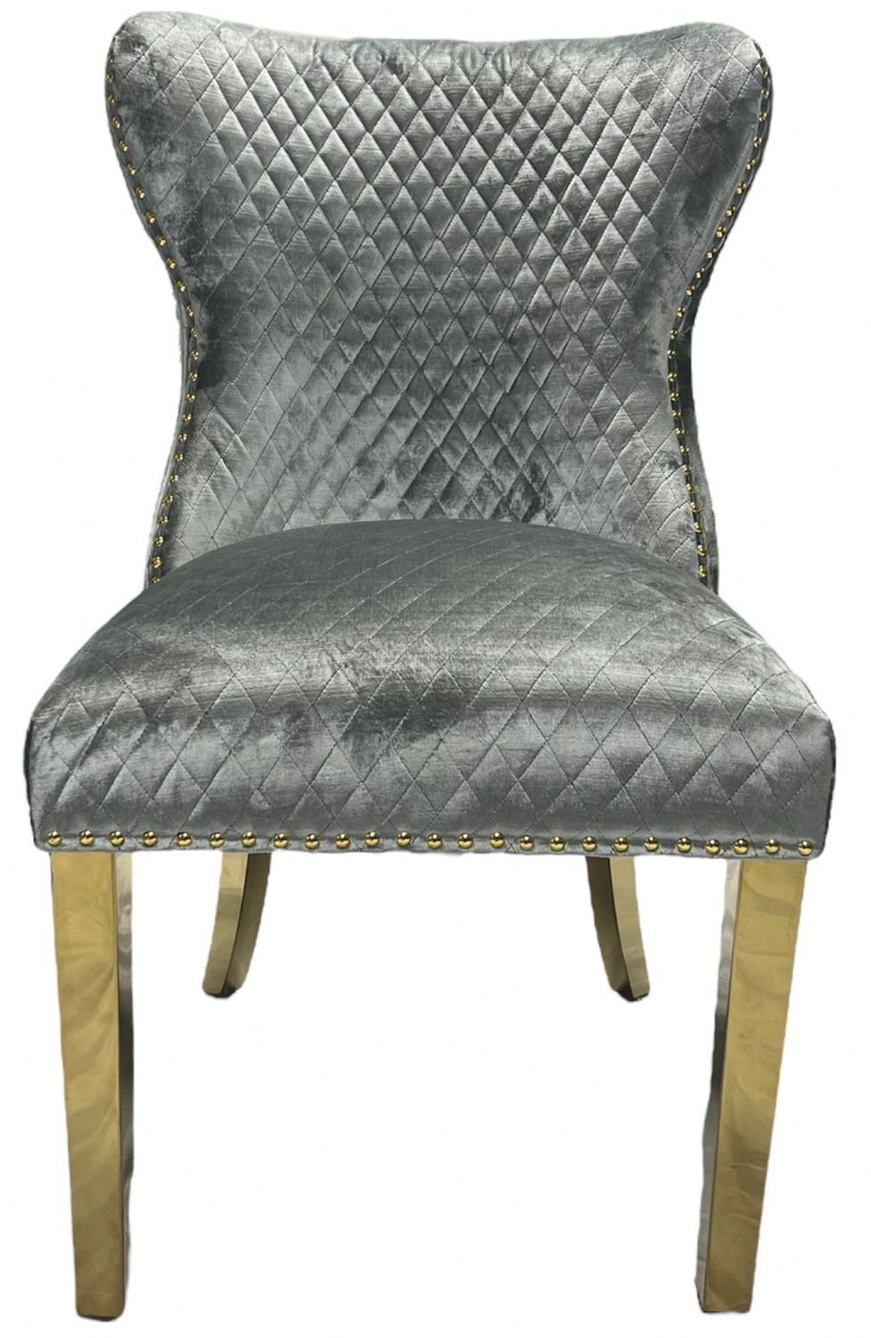 Light Grey Shimmer Velvet Dining Chair with Lion Knocker and Gold Legs