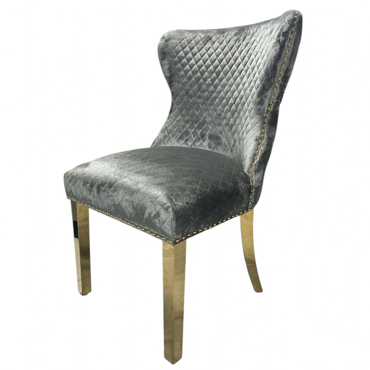Light Grey Shimmer Velvet Dining Chair with Lion Knocker and Gold Legs