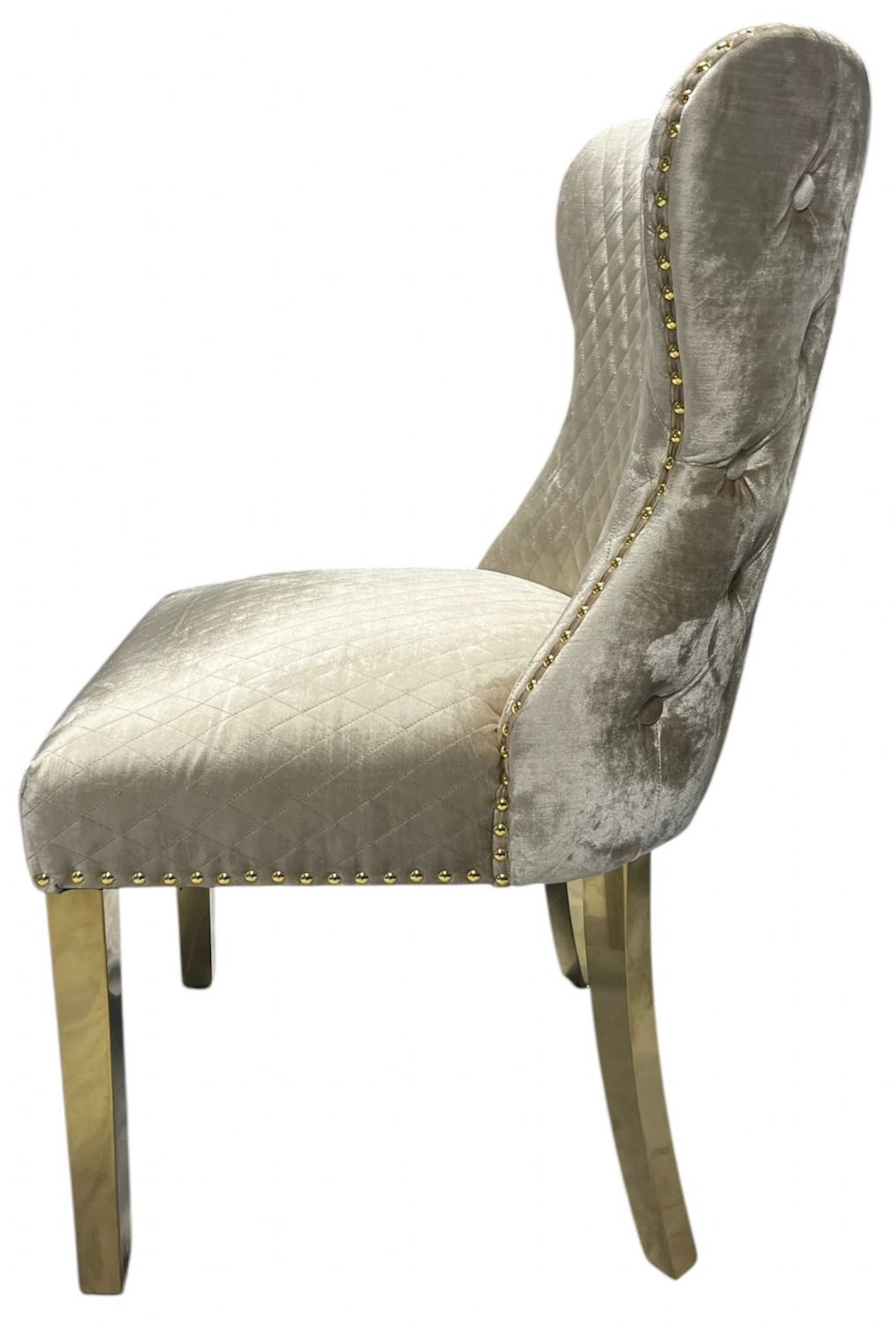 Mink Shimmer Velvet Dining Chair with Lion Knocker and Gold Legs