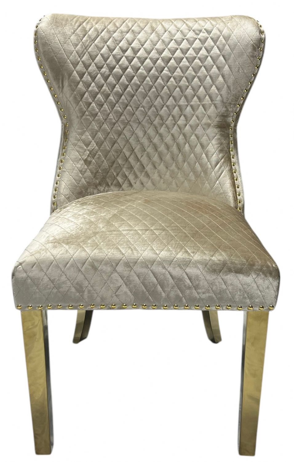 Mink Shimmer Velvet Dining Chair with Lion Knocker and Gold Legs