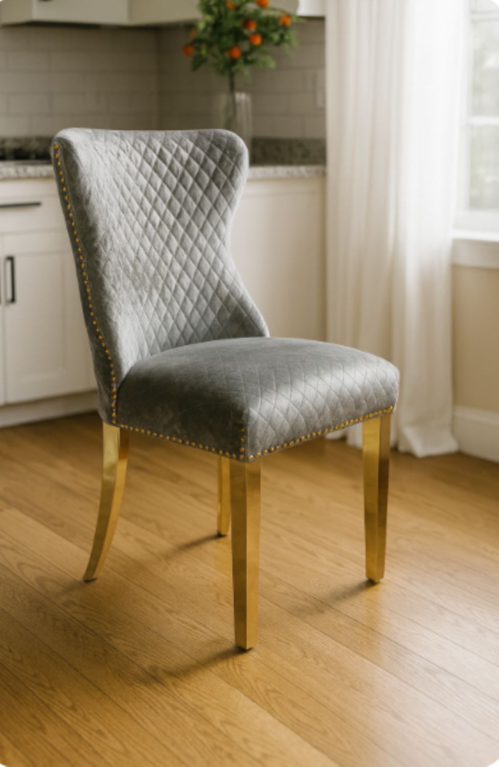 Light Grey Shimmer Velvet Dining Chair with Lion Knocker and Gold Legs