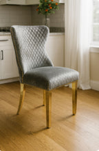 Light Grey Shimmer Velvet Dining Chair with Lion Knocker and Gold Legs
