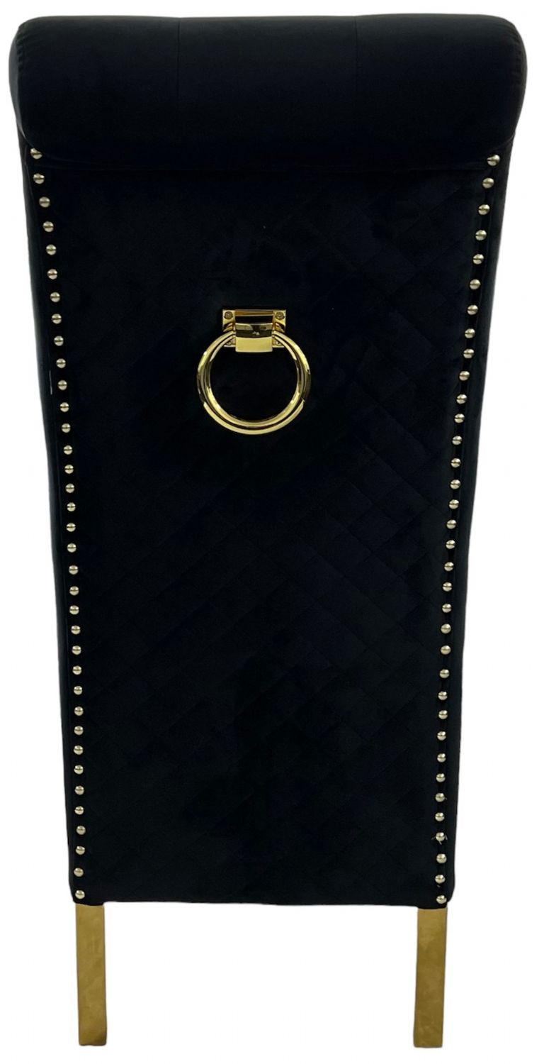 Black Velvet Dining Chair with Gold Ring Knocker and Gold Legs