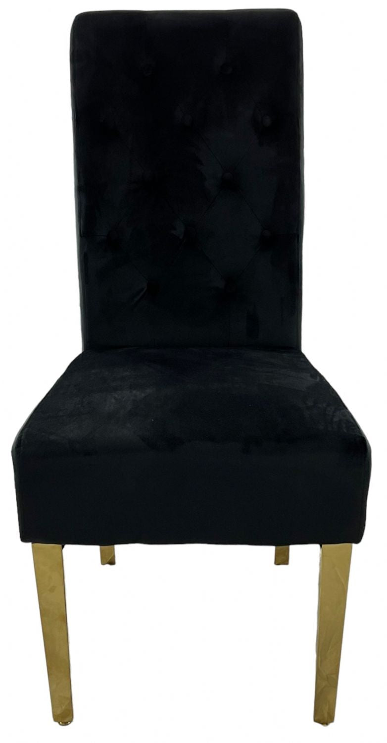 Black Velvet Dining Chair with Gold Ring Knocker and Gold Legs