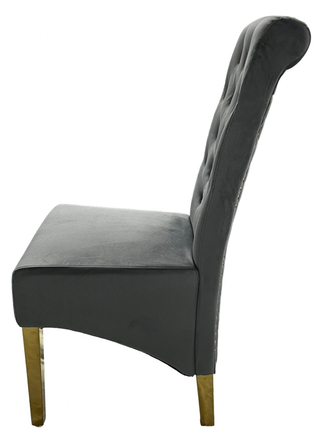 Dark Grey Velvet Dining Chair with Gold Ring Knocker and Gold Legs