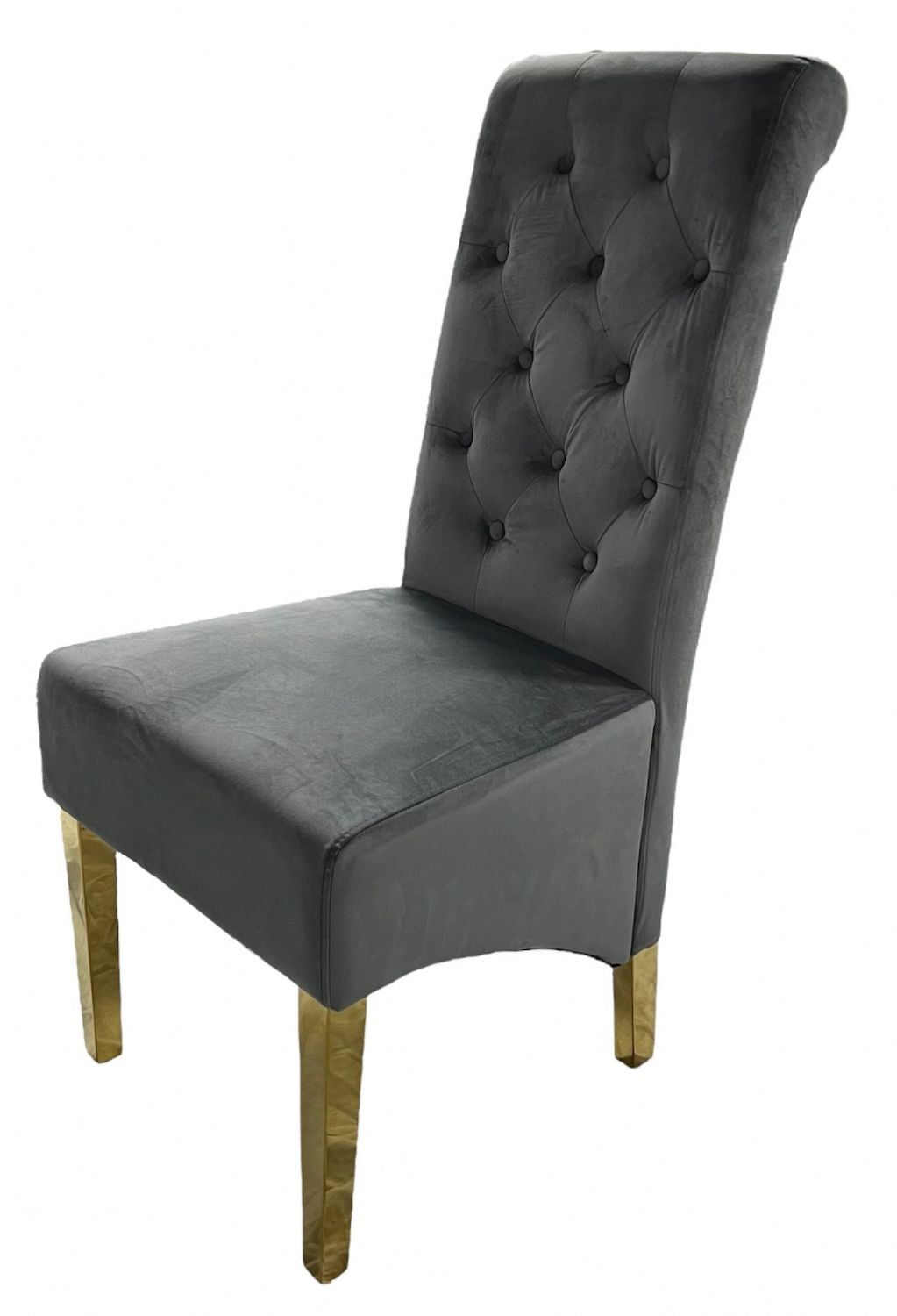 Dark Grey Velvet Dining Chair with Gold Ring Knocker and Gold Legs