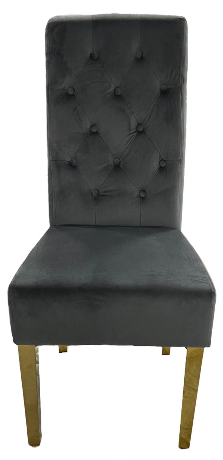 Dark Grey Velvet Dining Chair with Gold Ring Knocker and Gold Legs