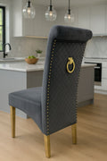 Dark Grey Velvet Dining Chair with Gold Ring Knocker and Gold Legs