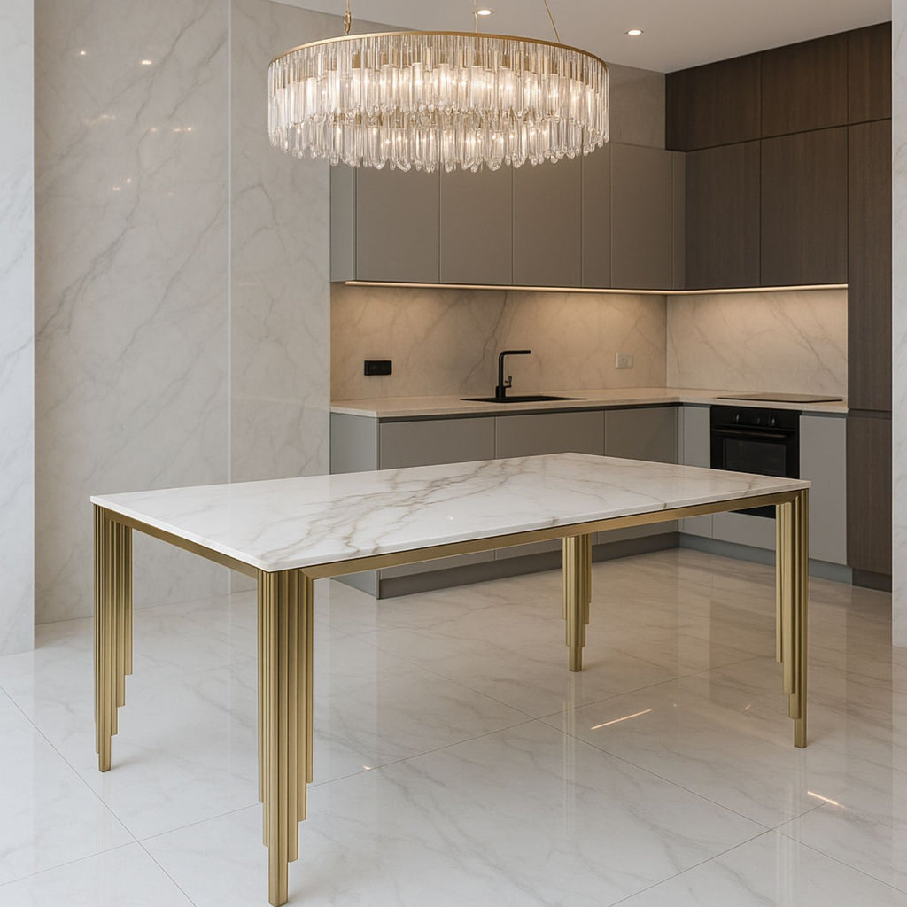 White Marble Effect 1.8m Dining Table with Gold Art Deco Metal Legs