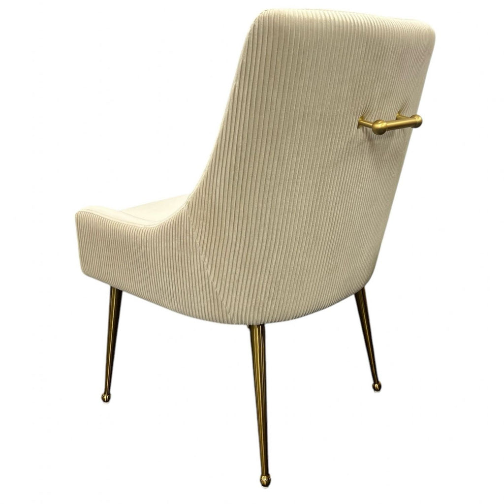 Ivory Velvet Dining Chair with Ribbed Back and Gold Metal Legs