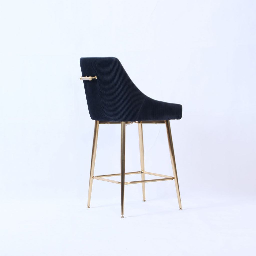 Black Ribbed Velvet Bar Stool with Gold Legs