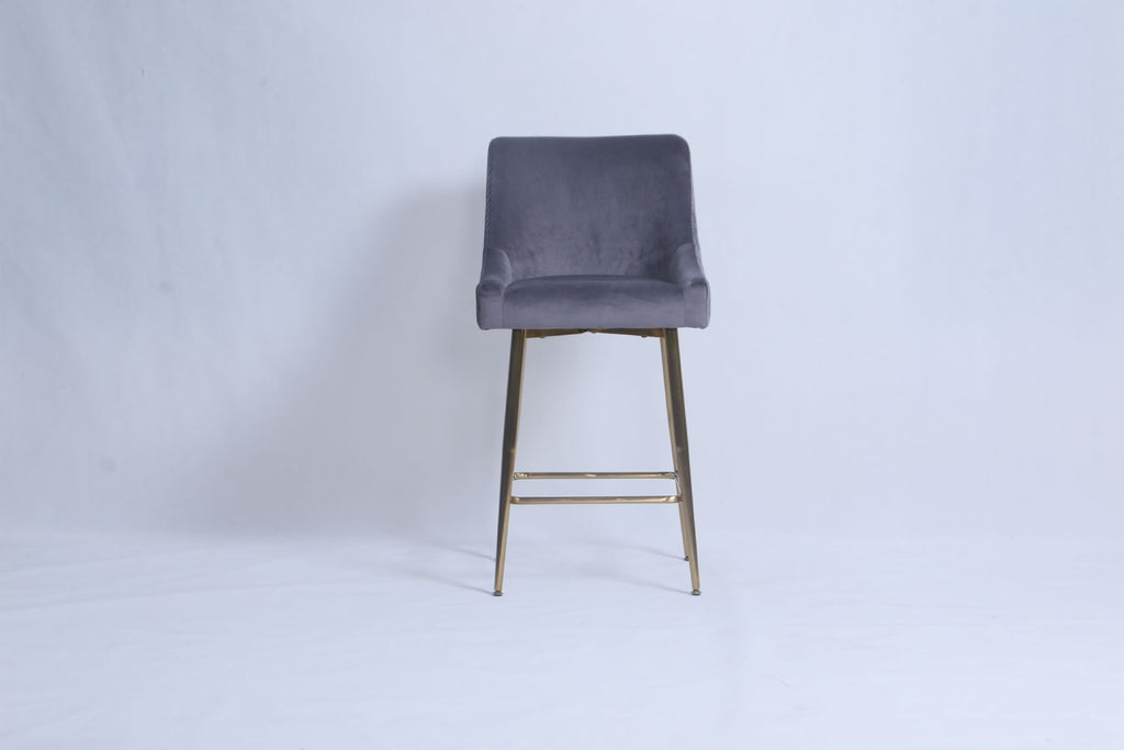 Dark Grey Ribbed Velvet Bar Stool with Gold Legs
