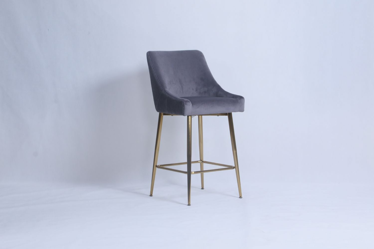 Dark Grey Ribbed Velvet Bar Stool with Gold Legs