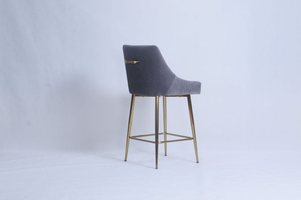 Dark Grey Ribbed Velvet Bar Stool with Gold Legs