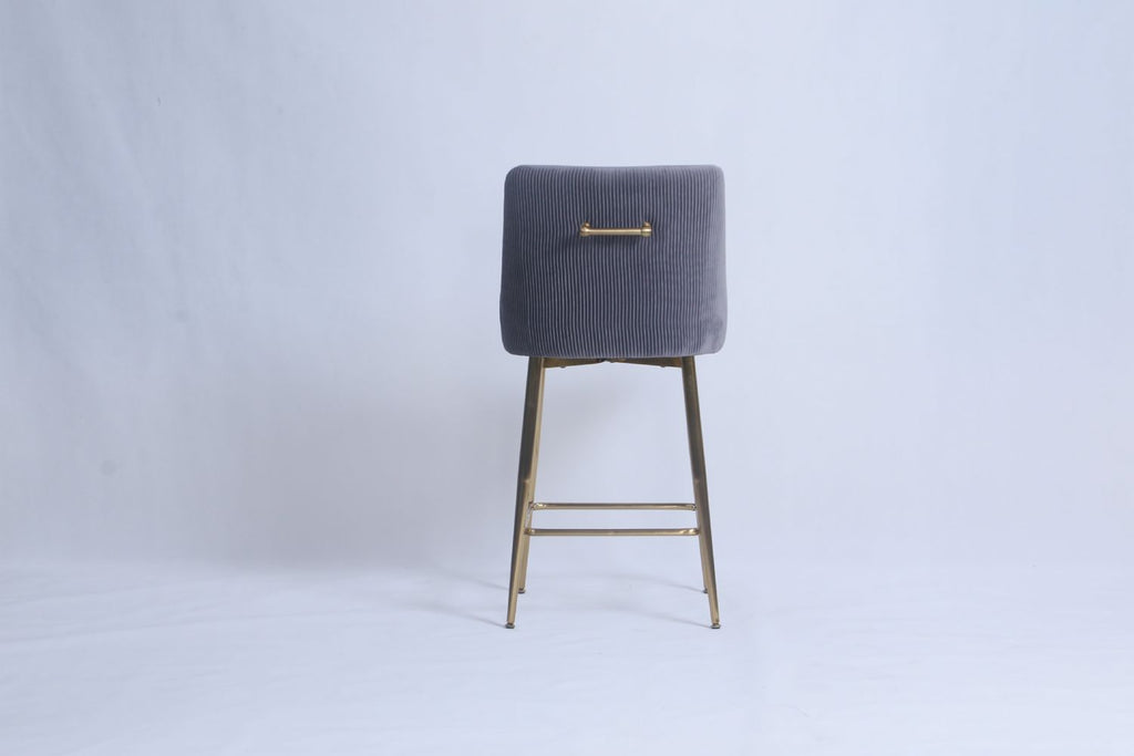 Dark Grey Ribbed Velvet Bar Stool with Gold Legs