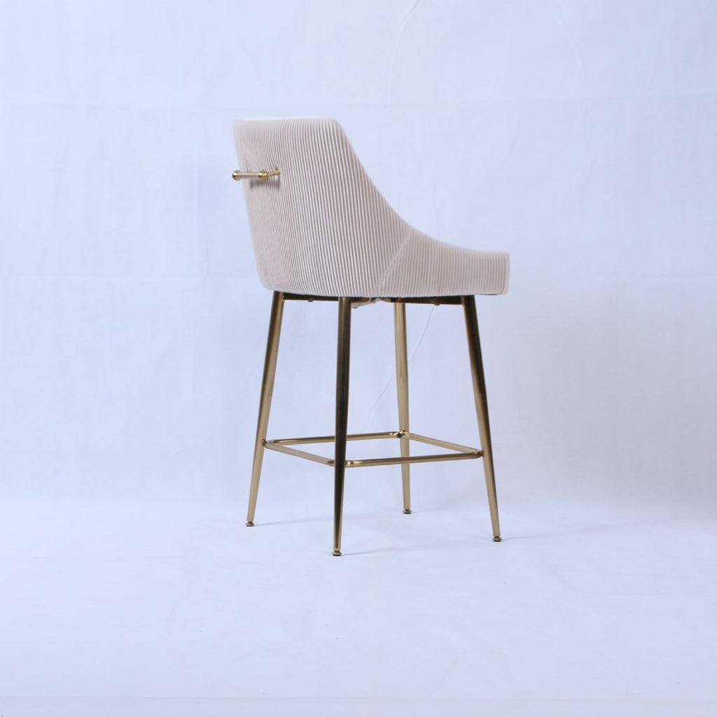 Ivory Ribbed Velvet Bar Stool with Gold Legs