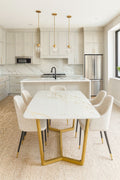White Ceramic Top 1.8m/1.6m Dining Table with Gold Geometric Metal Base