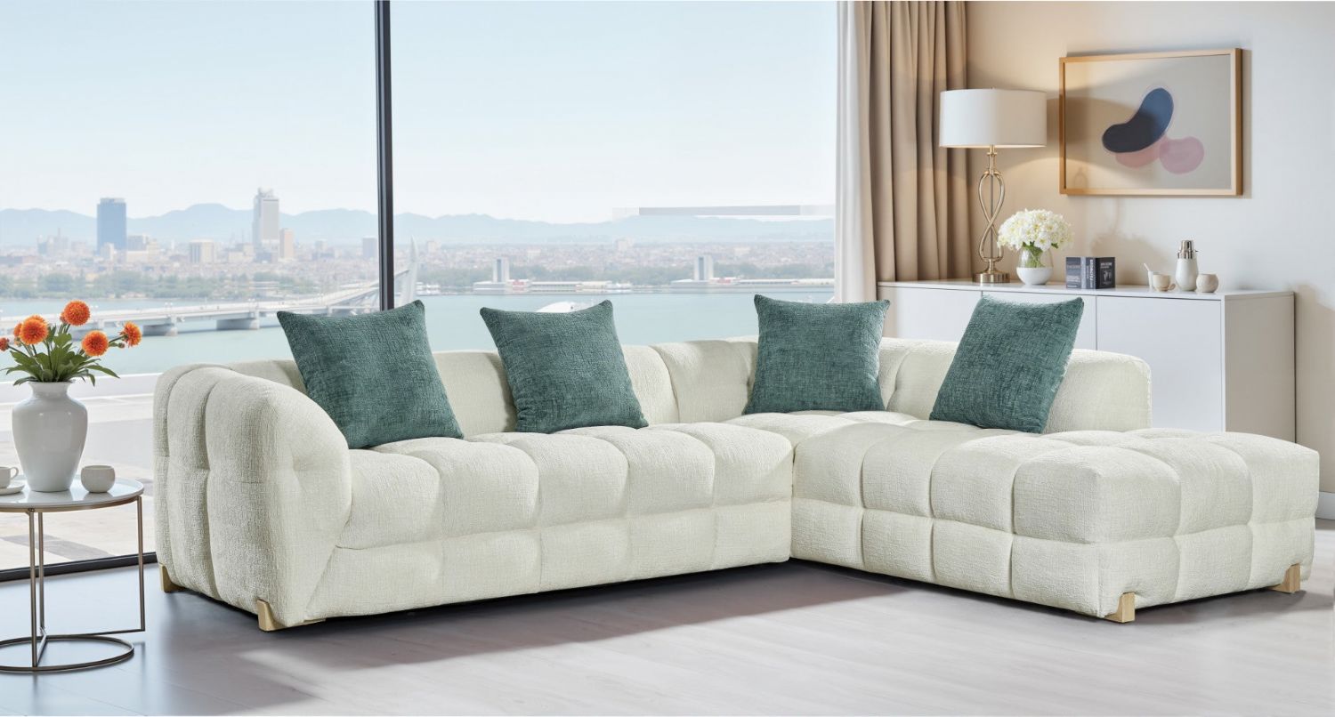 Beige Fabric Right Hand Facing L Shape Corner Sofa - Home Furniture Interiors