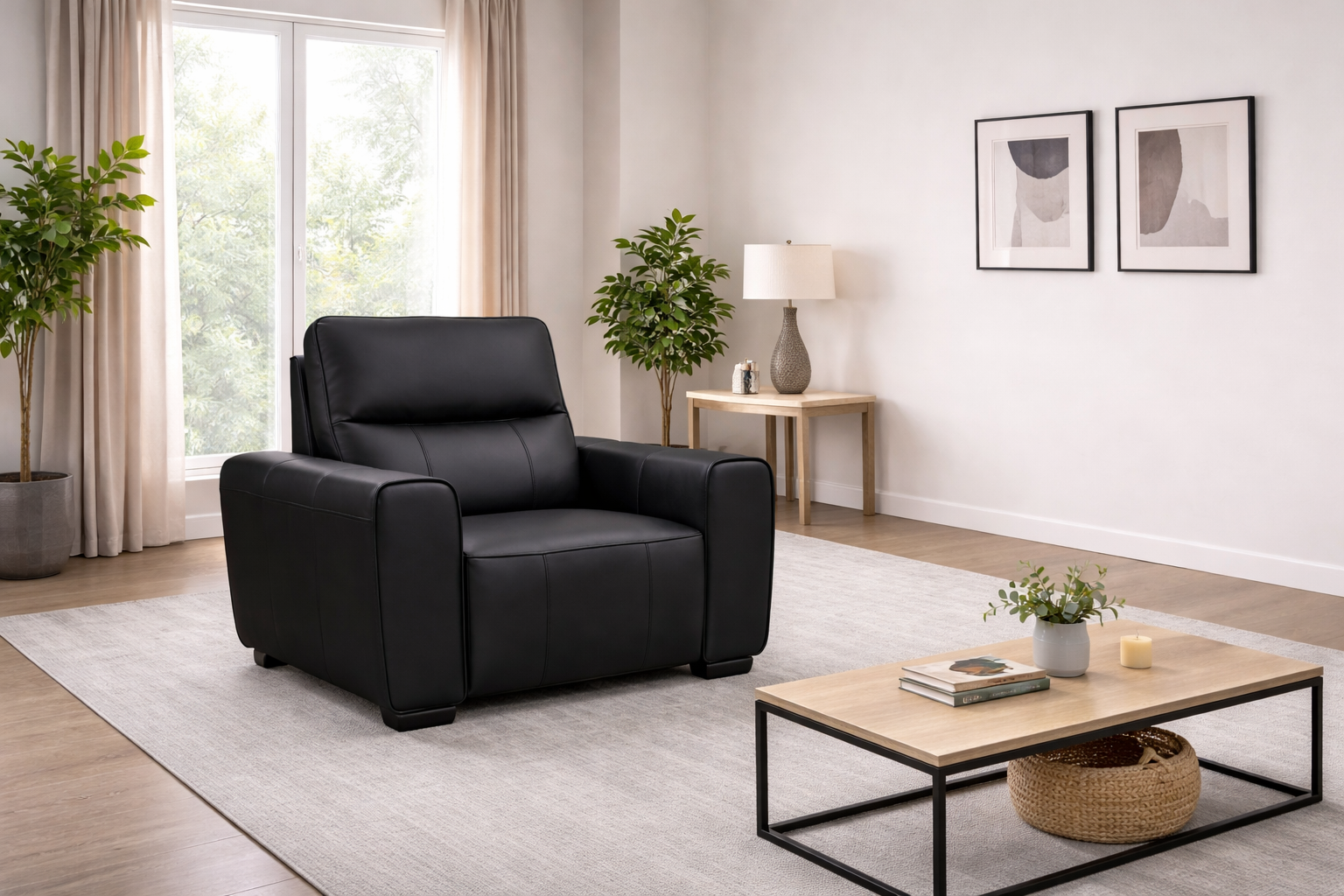 Bellagio Genuine Leather Electric Recliner Sofa Black Armchair - Home Furniture Interiors