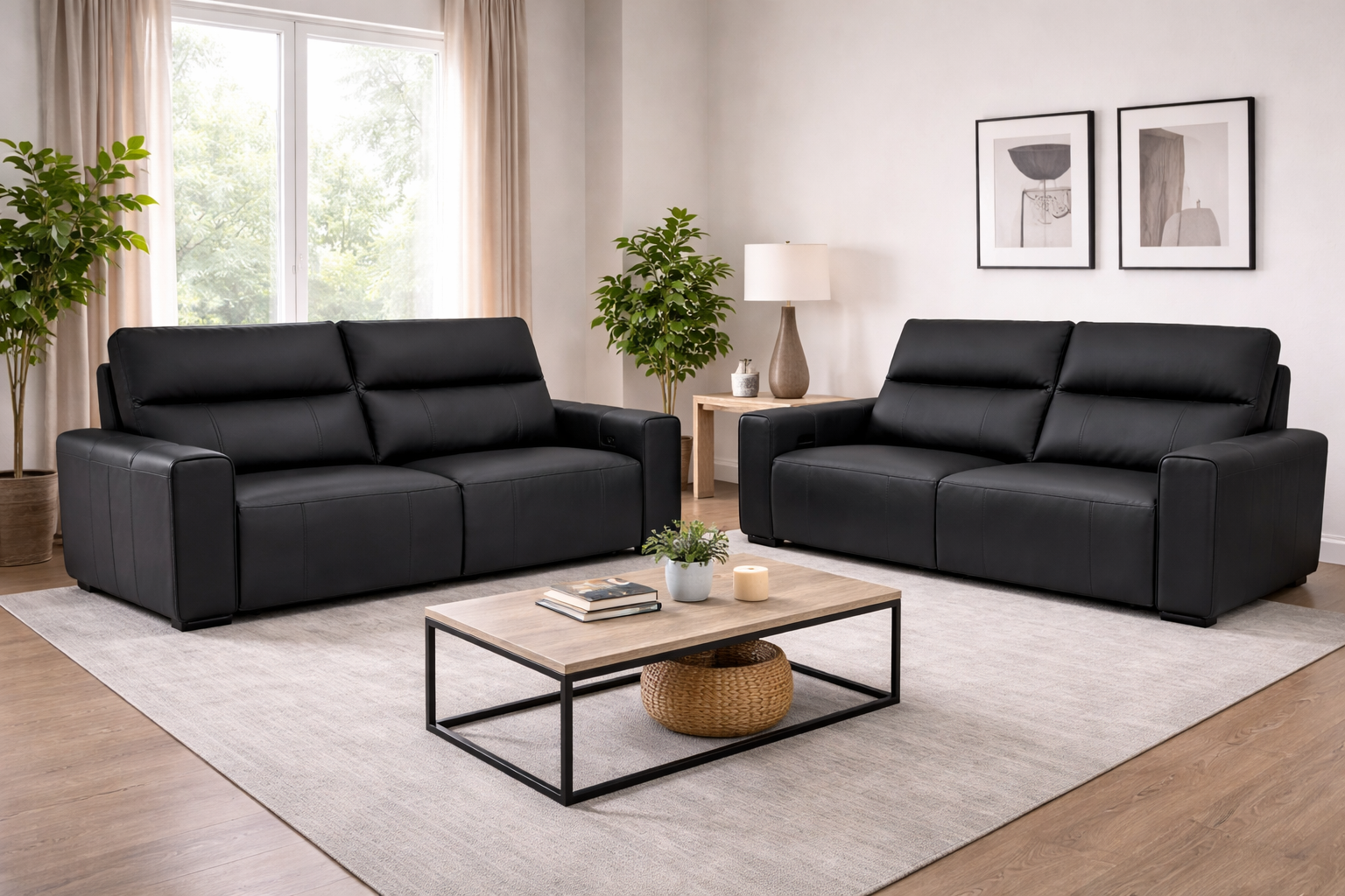 Bellagio Genuine Leather Electric Recliner Sofa Black 3+2 Set - Home Furniture Interiors