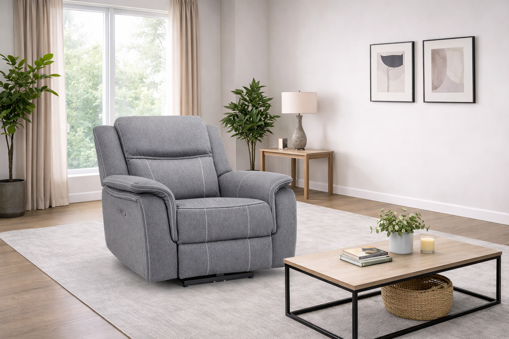 Galaxy Grey Fabric Electric Recliner Armchair with Armrest - Home Furniture Interiors