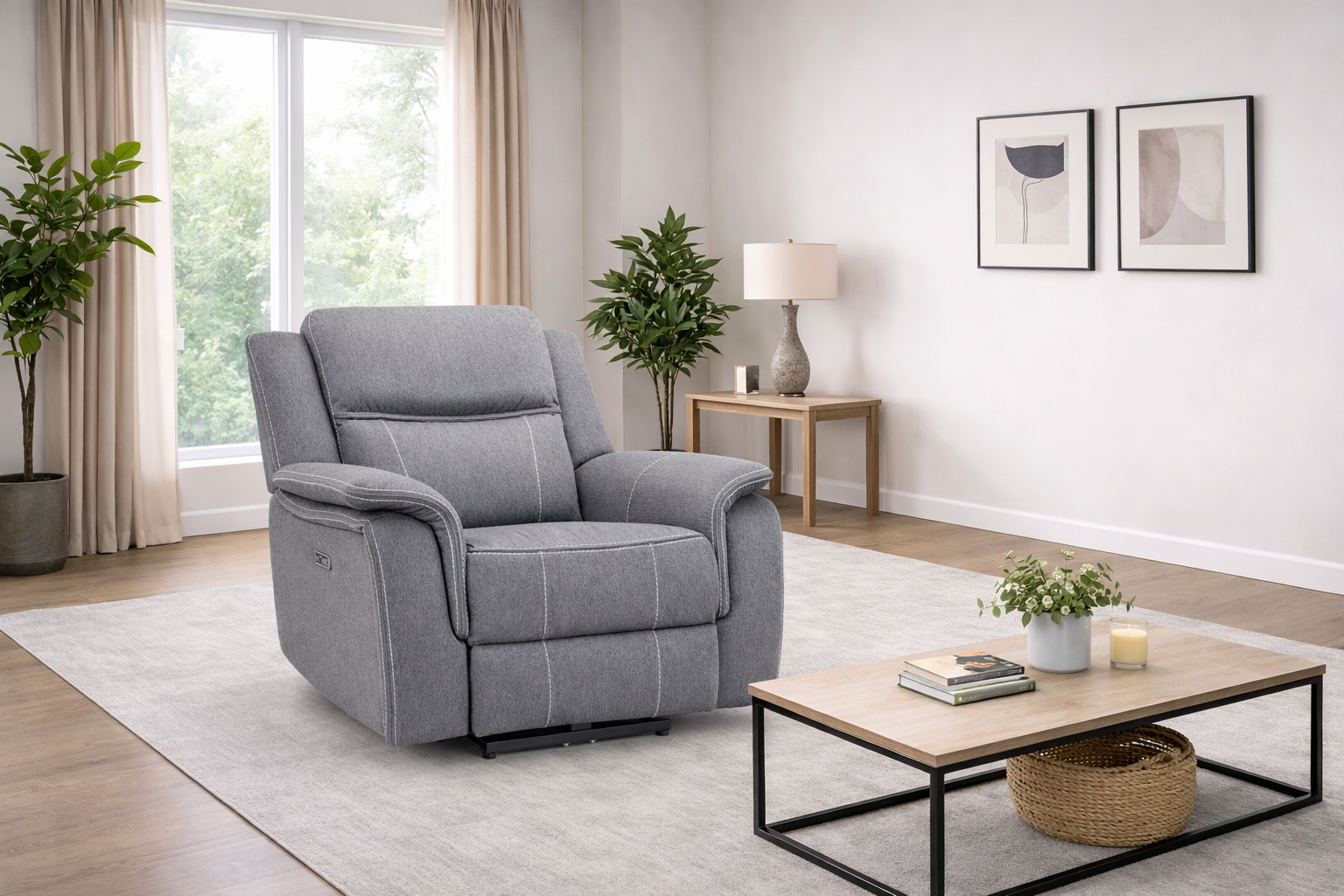 Galaxy Grey Fabric Electric Recliner Armchair with Armrest - Home Furniture Interiors