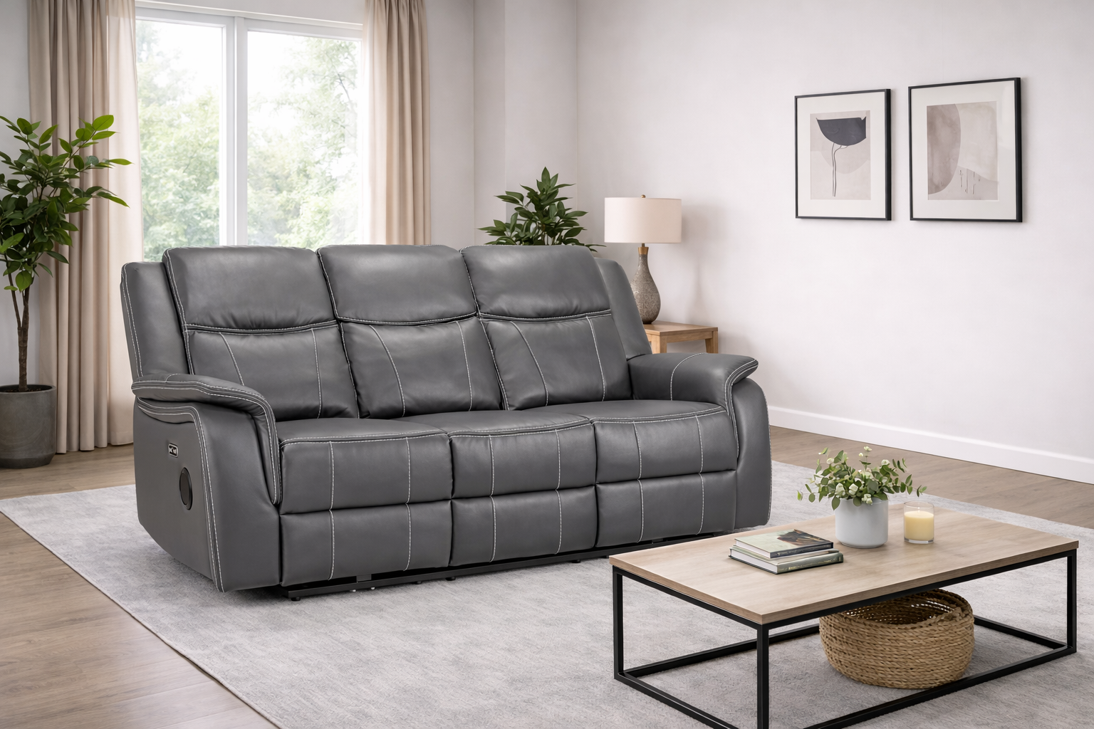 Galaxy Grey Leather 3 Seater Electric Recliner Sofa - Home Furniture Interiors