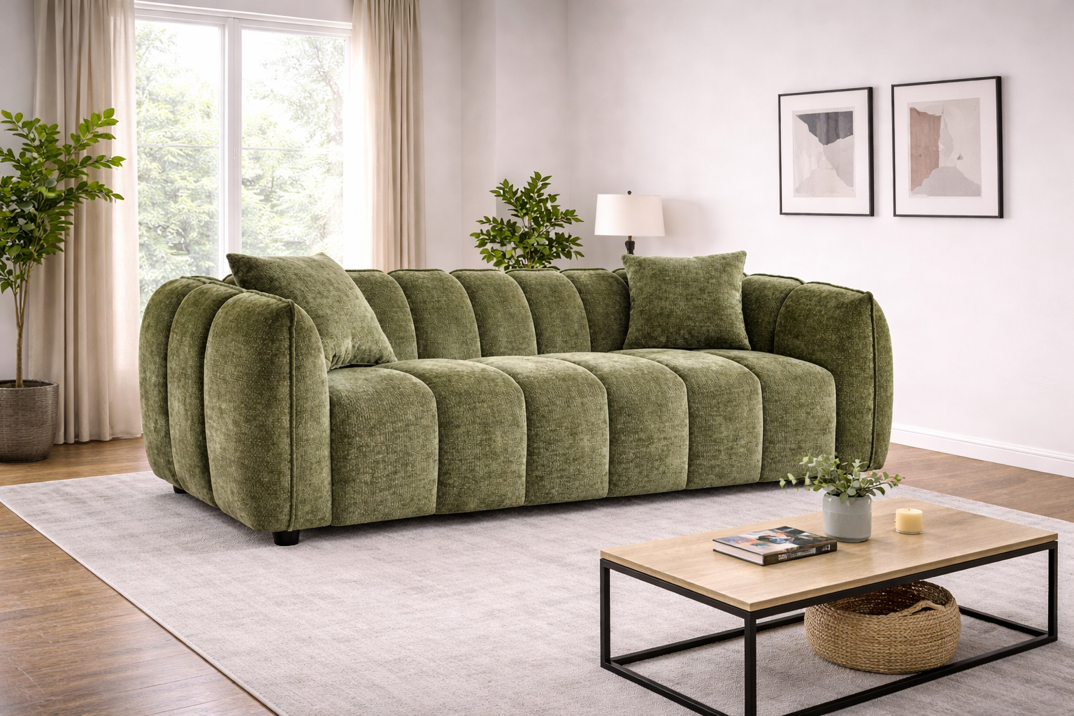 Taskers - Olive Green Tufted Design 3 Seater Sofa - Home Furniture Interiors