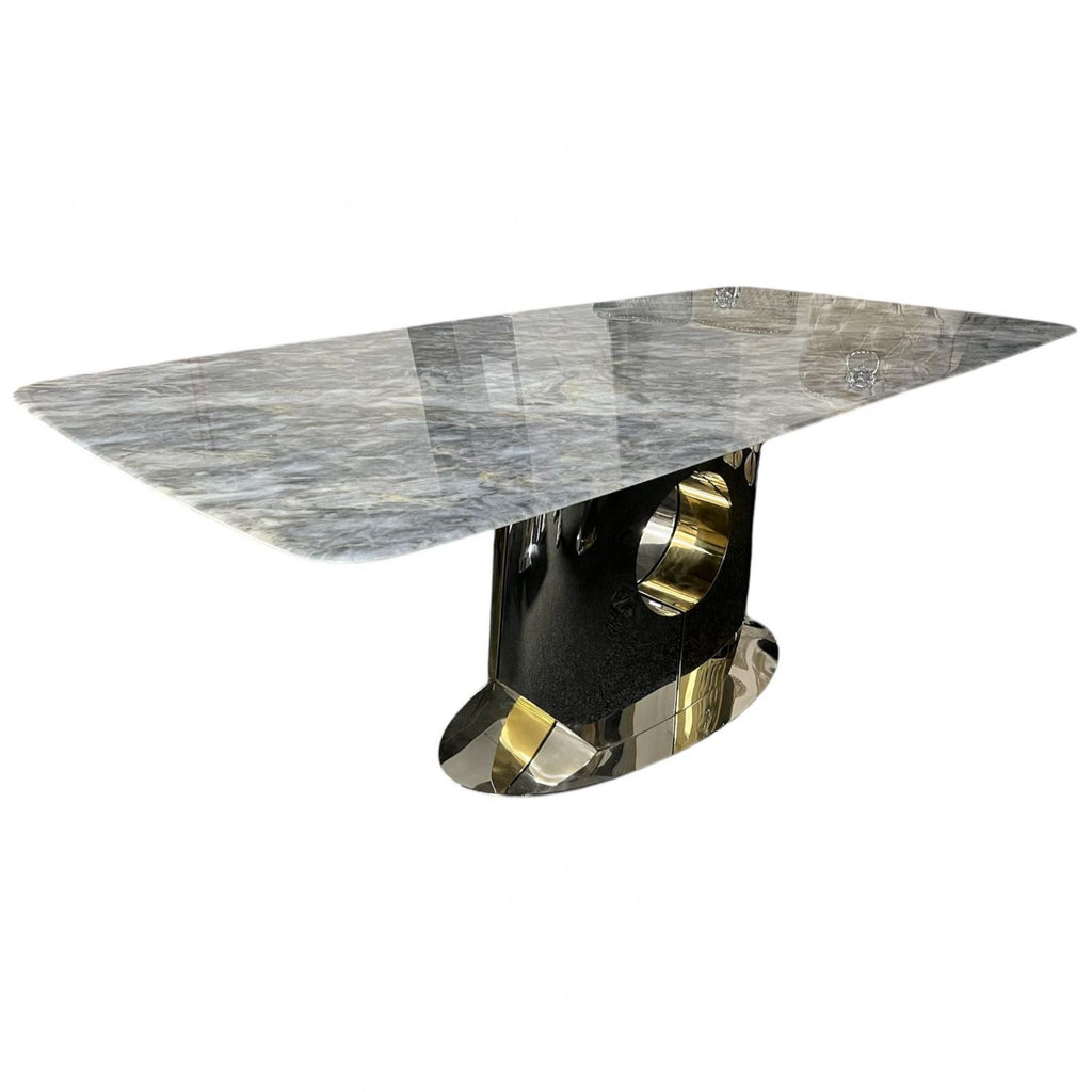 Grey Marble 2.0m/1.8m Dining Table with Chrome and Gold Block Pedestal Base