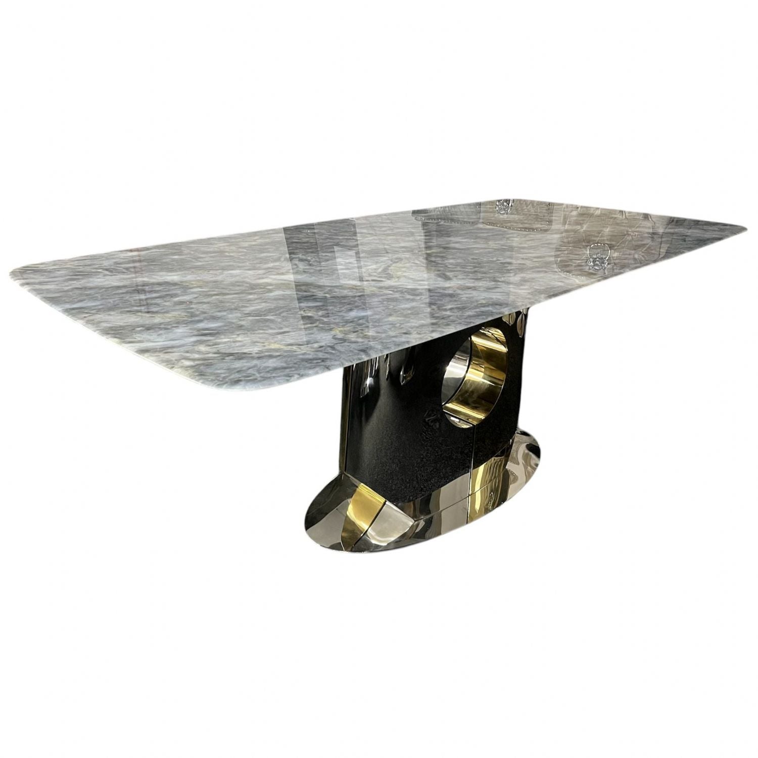 Grey Marble 2.0m/1.8m Dining Table with Chrome and Gold Block Pedestal Base
