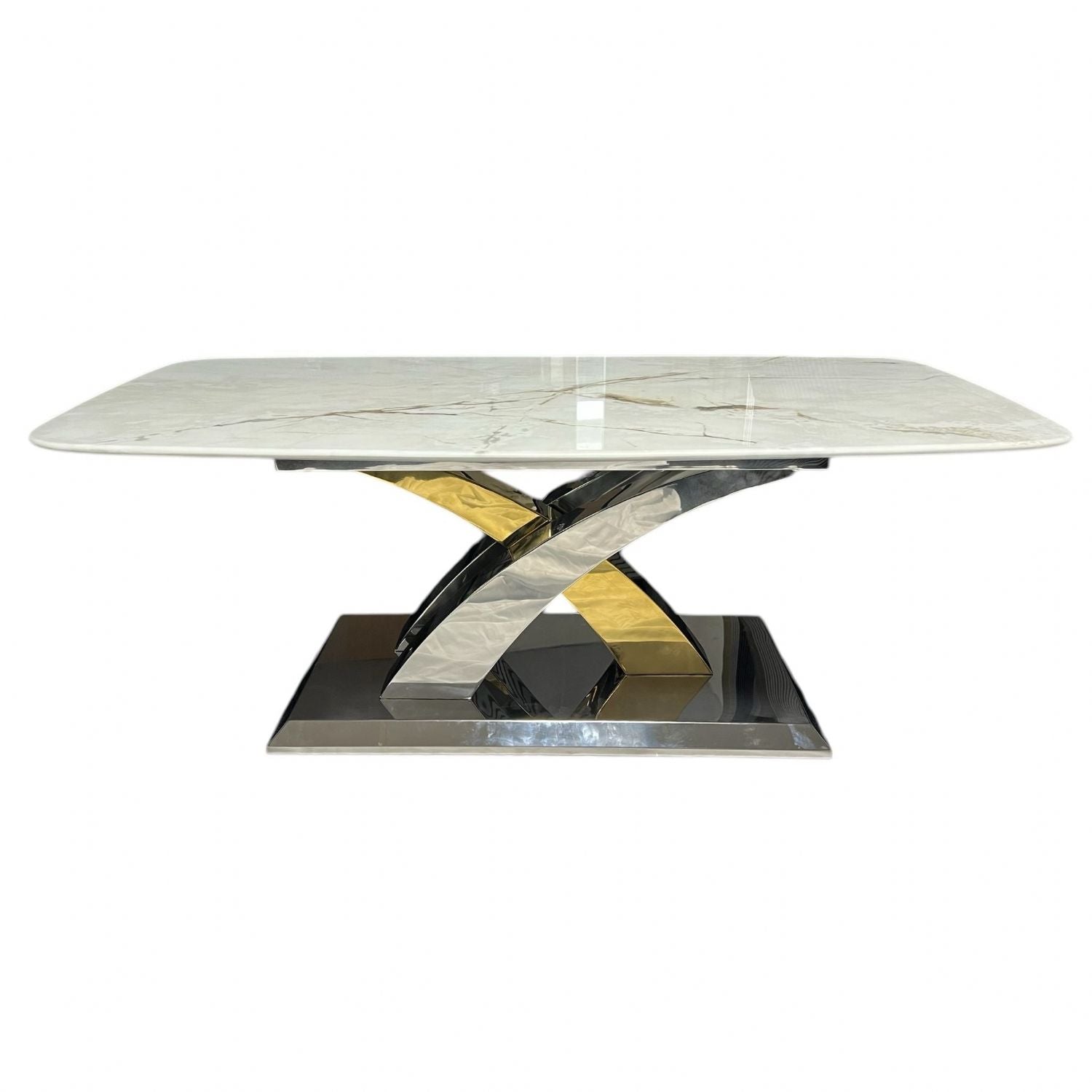 Cream Marble Effect Coffee Table with Silver and Gold Cross Base