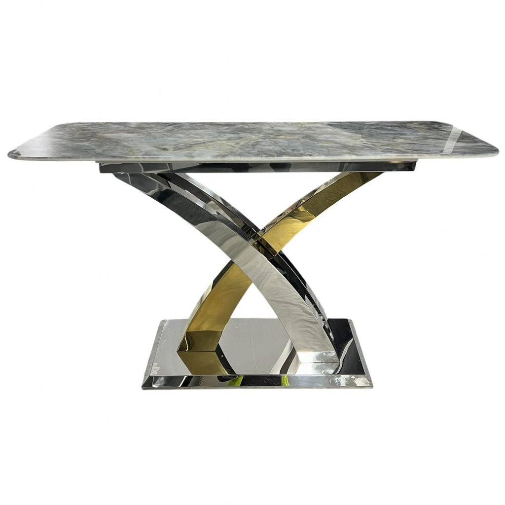 Grey Marble Effect Console Table with Silver and Gold Cross Pedestal Base