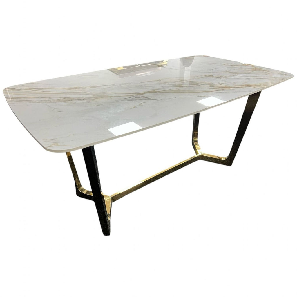 White Ceramic Top 1.8m/1.6m Dining Table with Gold Geometric Metal Base