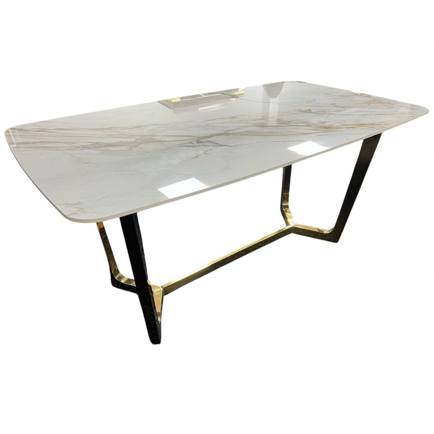 White Ceramic Top 1.8m/1.6m Dining Table with Gold Geometric Metal Base