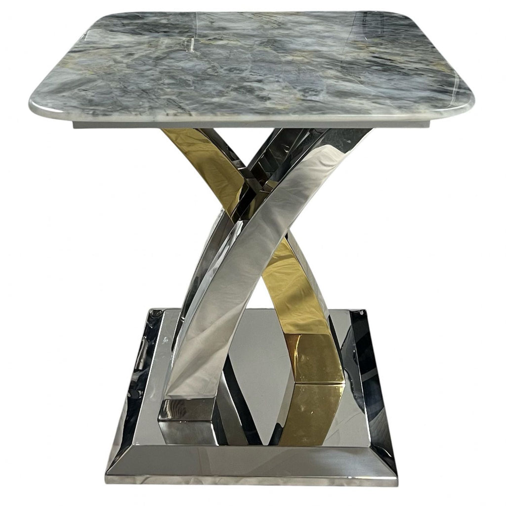 Grey Marble Effect Top Side Table with Polished Stainless Steel Cross Base