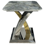 Grey Marble Effect Top Side Table with Polished Stainless Steel Cross Base