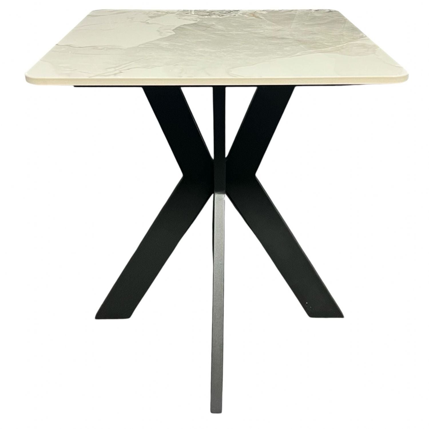 White Marble Effect Ceramic Lamp Table with Black Cross Pedestal Base