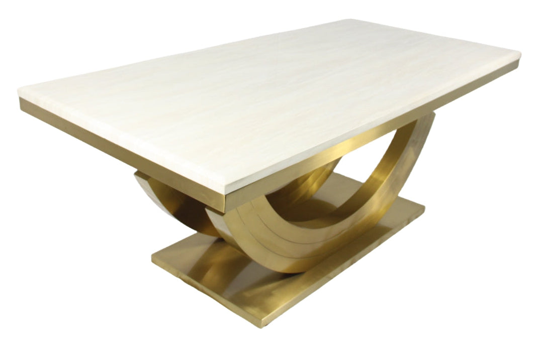 Cream Marble 2m Dining Table with Gold Art Deco U-Shaped Pedestal Legs (G Monaco)
