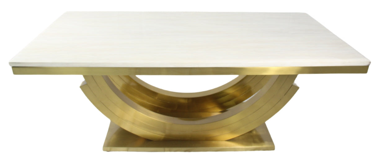 Cream Marble 2m Dining Table with Gold Art Deco U-Shaped Pedestal Legs