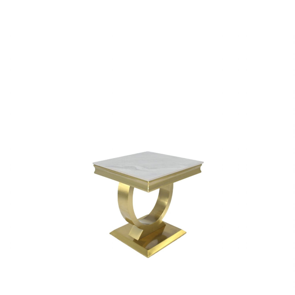 White Marble Effect Lamp Table with Brushed Gold Circular Pedestal Base
