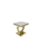White Marble Effect Lamp Table with Brushed Gold Circular Pedestal Base