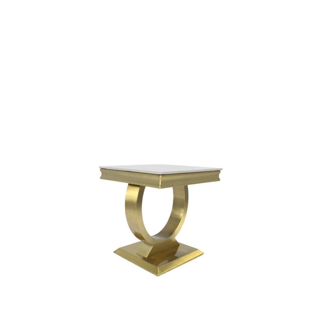 White Marble Effect Lamp Table with Brushed Gold Circular Pedestal Base