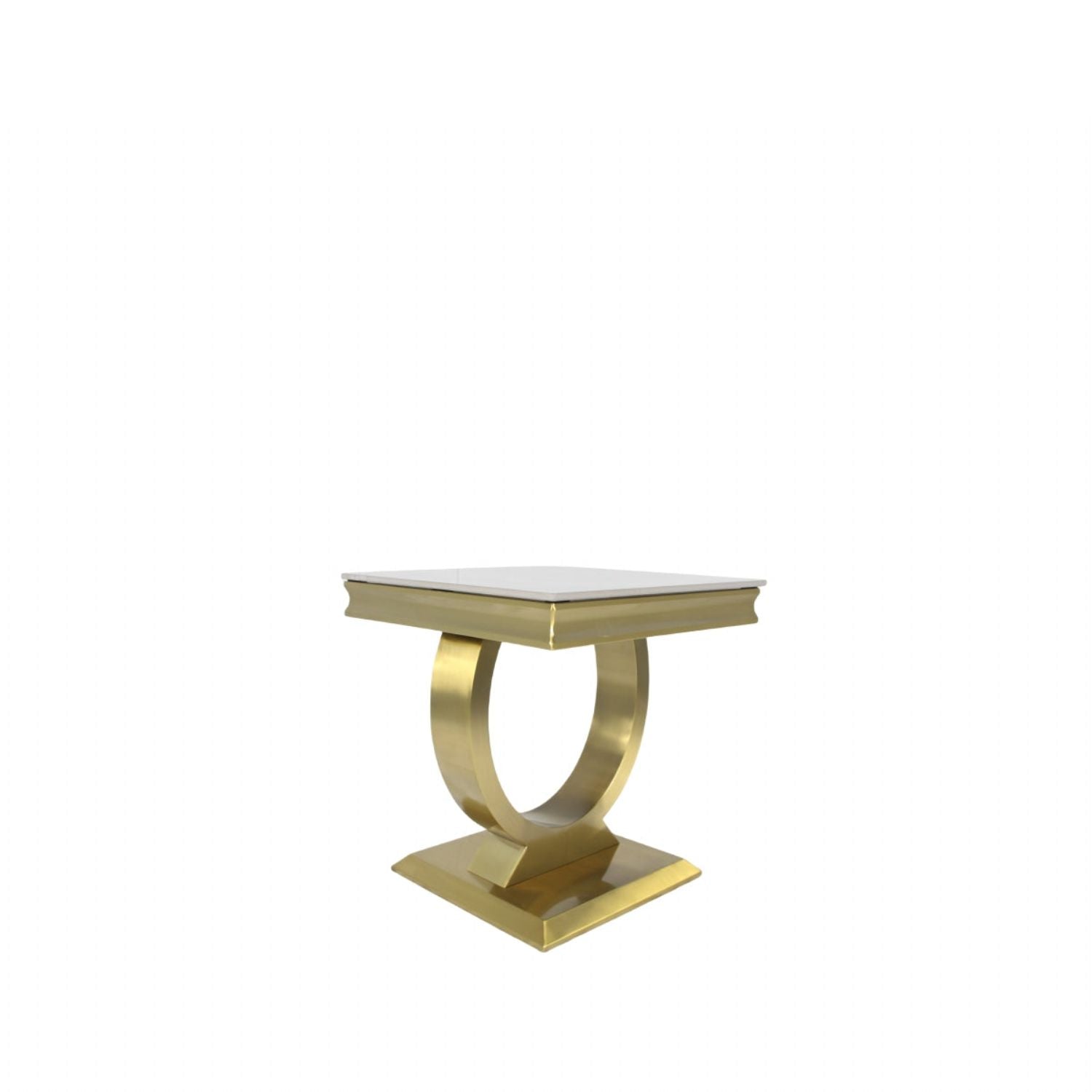 White Marble Effect Lamp Table with Brushed Gold Circular Pedestal Base