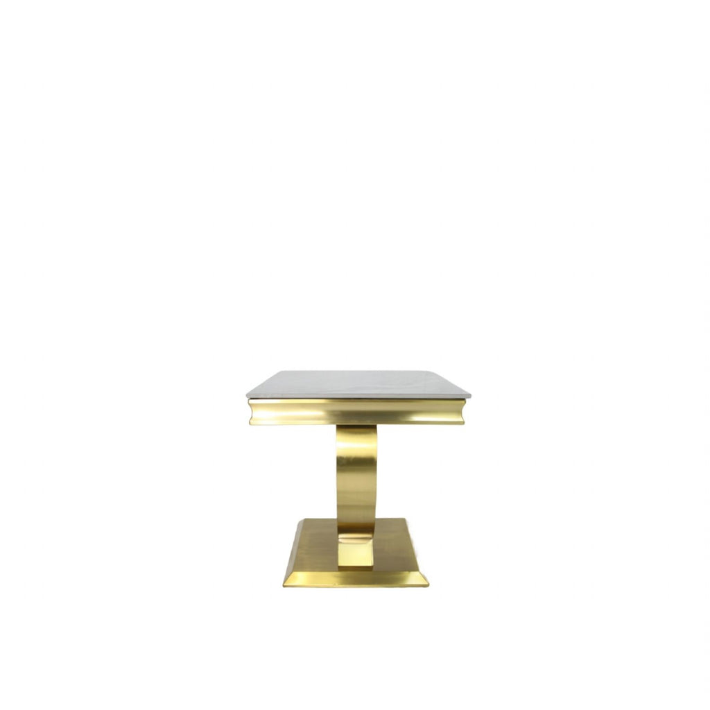 White Marble Effect Lamp Table with Brushed Gold Circular Pedestal Base