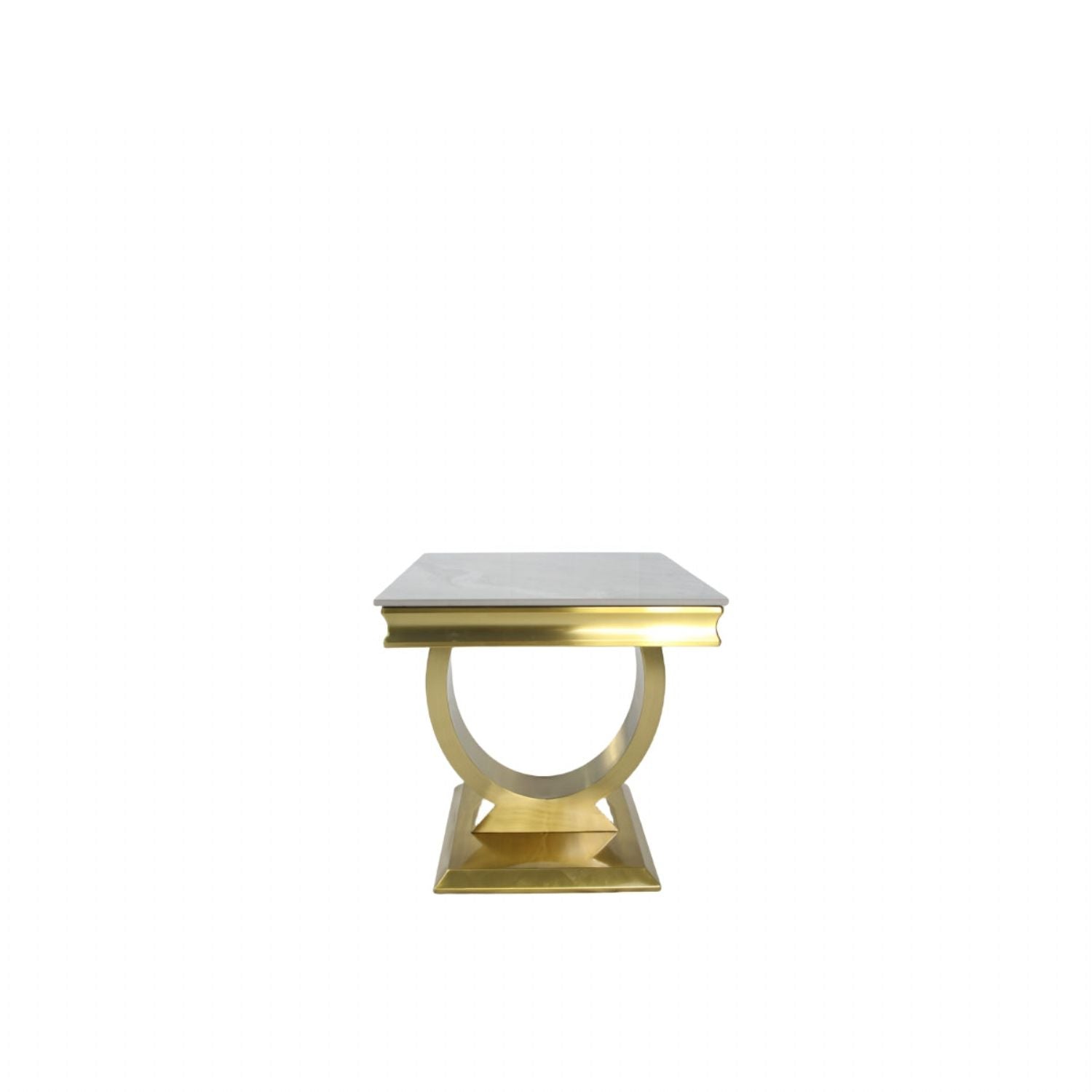 White Marble Effect Lamp Table with Brushed Gold Circular Pedestal Base